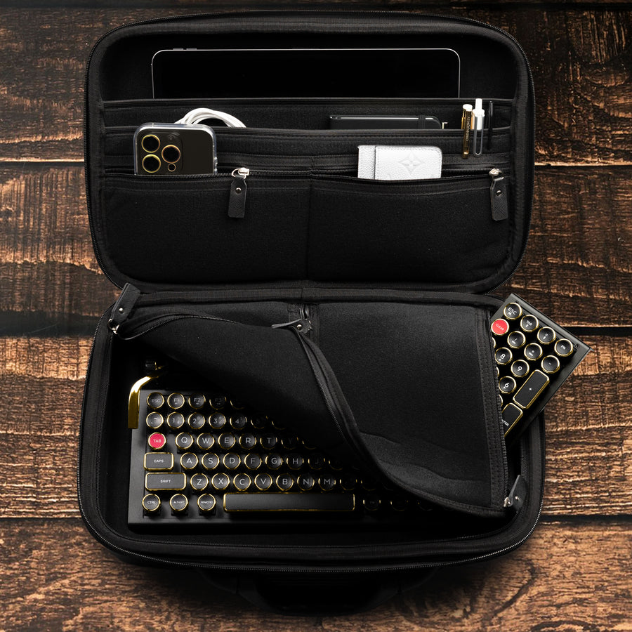 Qwerkywriter typewriter keyboard best in class premium all aluminum body in black gold inside carrying case 