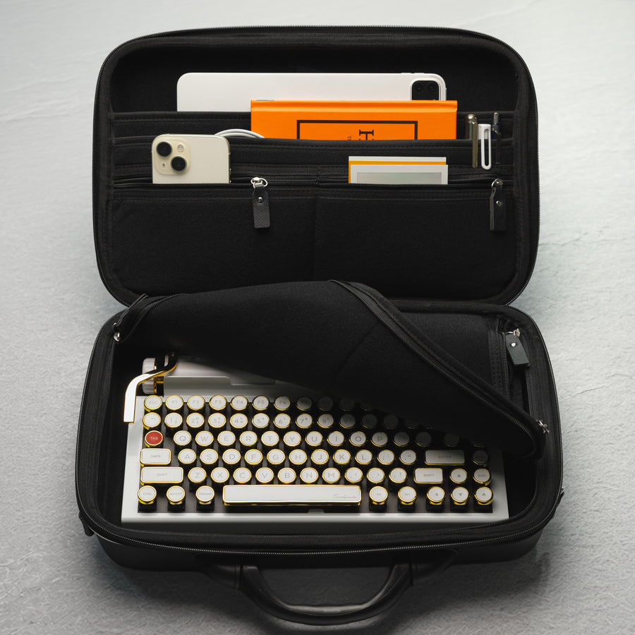 Qwerkywriter typewriter keyboard best in class premium all aluminum body in white gold inside carrying case 