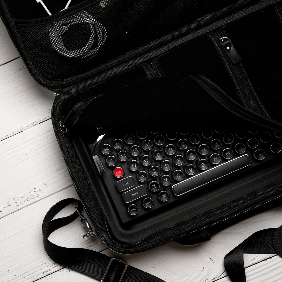 Qwerkywriter typewriter keyboard best in class premium all aluminum body in black chrome interior first gen carrying case US ANSI layout