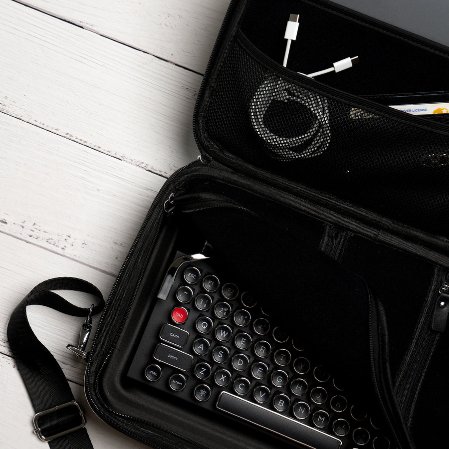Qwerkywriter typewriter keyboard best in class premium all aluminum body in black chrome interior first gen carrying case US ANSI layout
