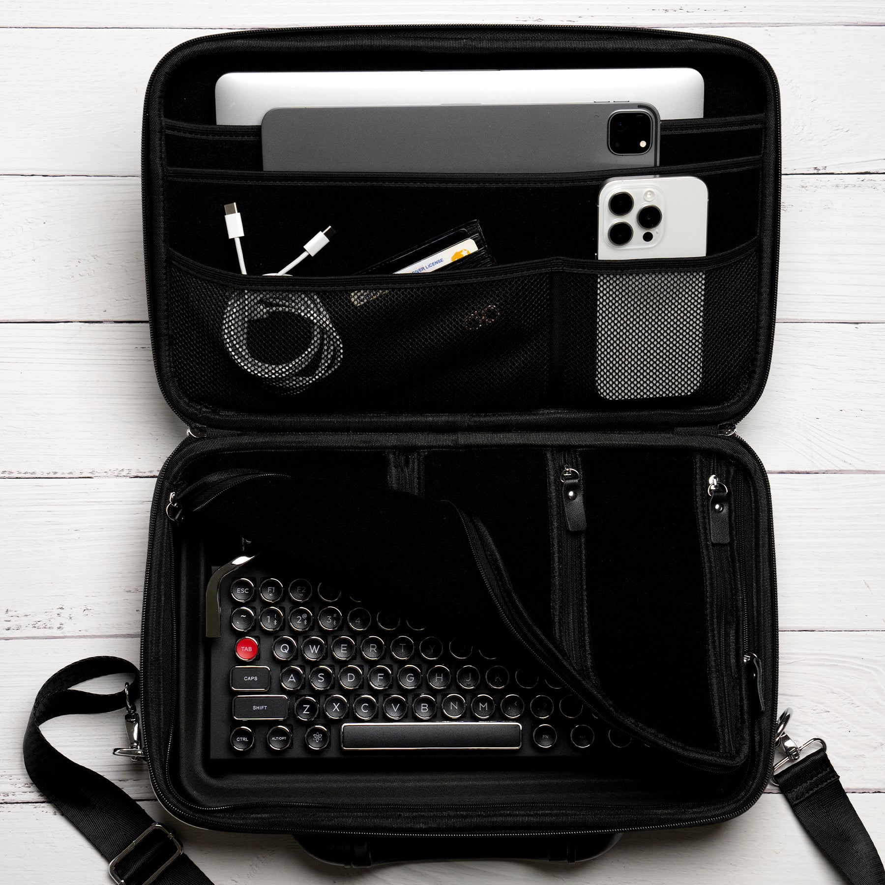 Qwerkywriter typewriter keyboard best in class premium all aluminum body in black chrome in a carrying case US ANSI layout