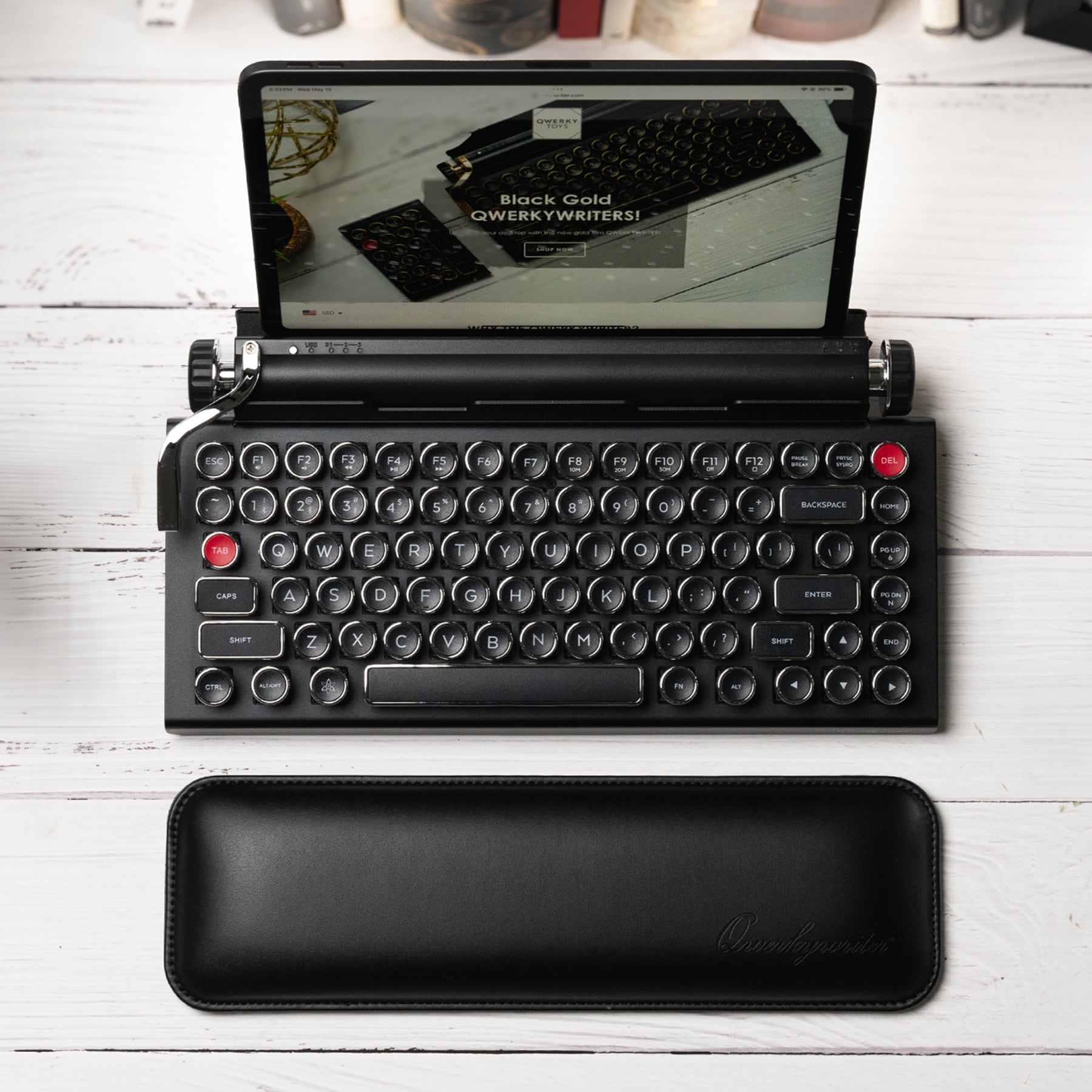 Qwerkywriter typewriter keyboard best in class premium all aluminum body in black chrome with Ipad and black wrist rest US ANSI layout