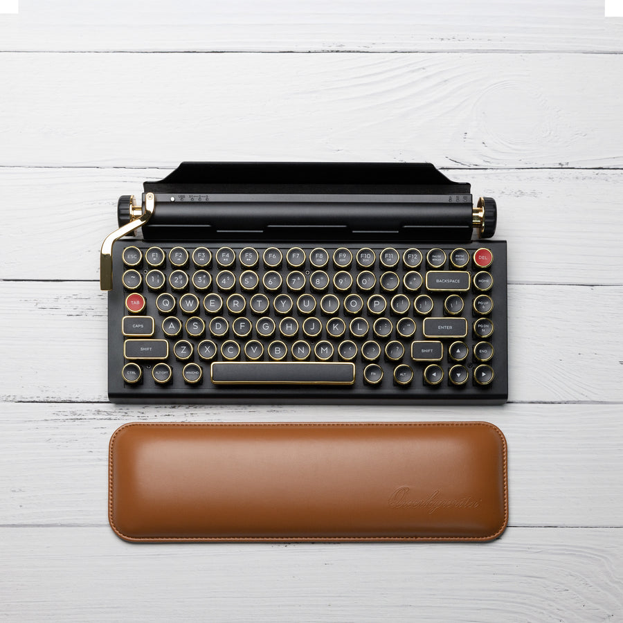 Qwerkywriter typewriter keyboard best in class premium all aluminum body in black gold with brown wrist rest US ANSI layout
