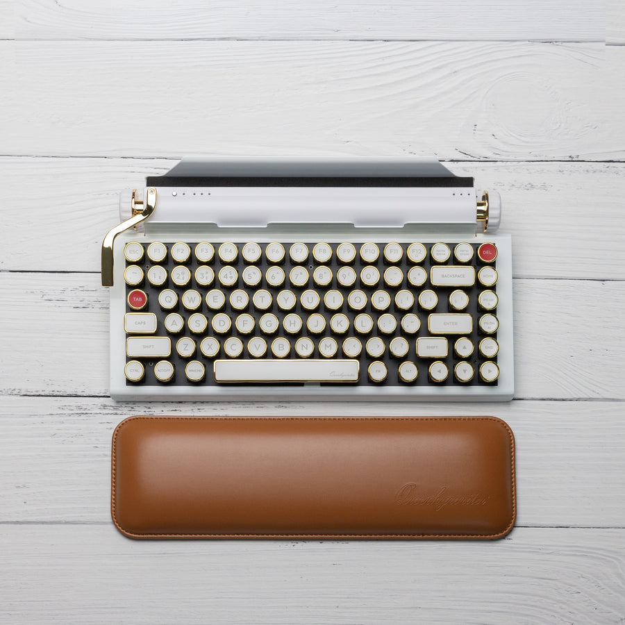 Qwerkywriter typewriter keyboard best in class premium all aluminum body in white gold with brown wrist rest US ANSI layout