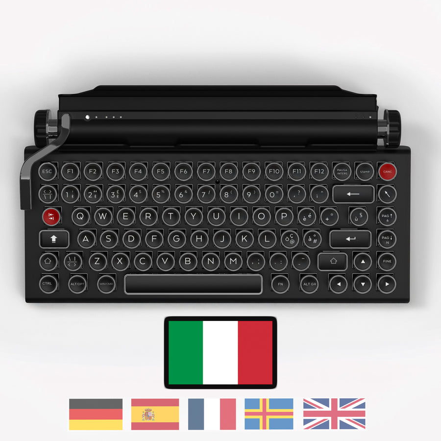 Qwerkywriter typewriter keyboard best in class premium all aluminum body in anniversary dark chrome on white background International Layout Italian