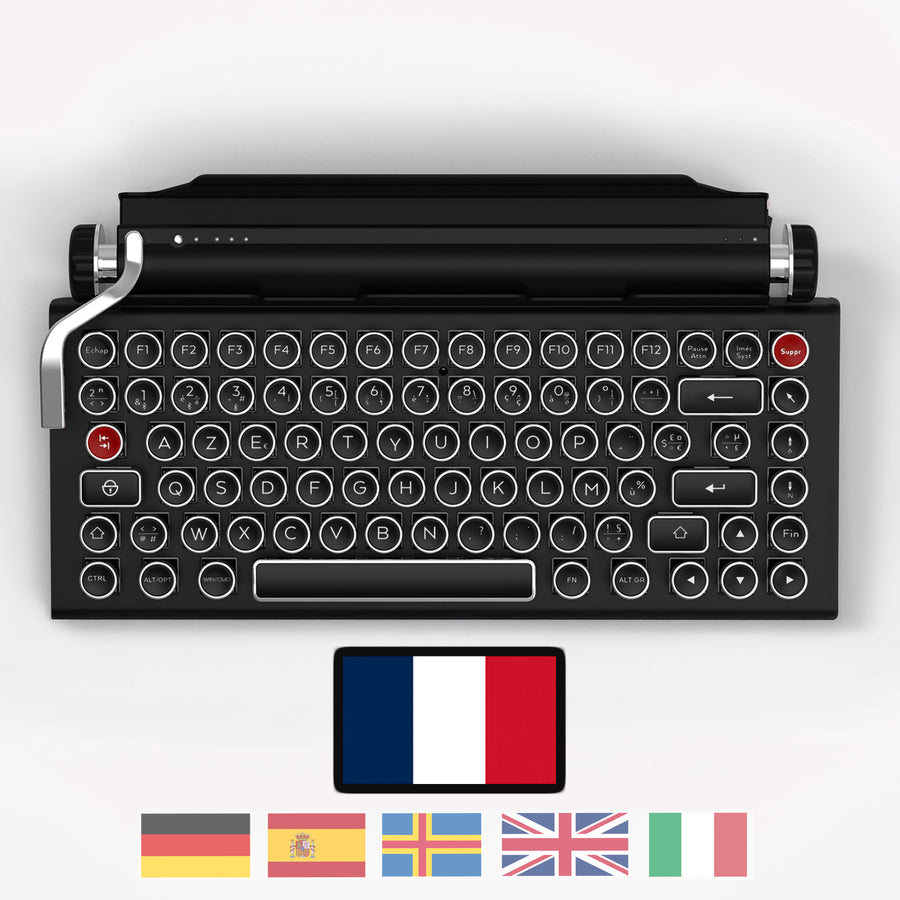 Qwerkywriter typewriter keyboard best in class premium all aluminum body in black chrome on white background International Layout French AZERTY
