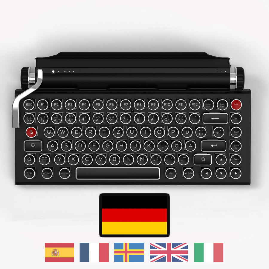 Qwerkywriter typewriter keyboard best in class premium all aluminum body in black chrome on white background International Layout German QWERTZ 
