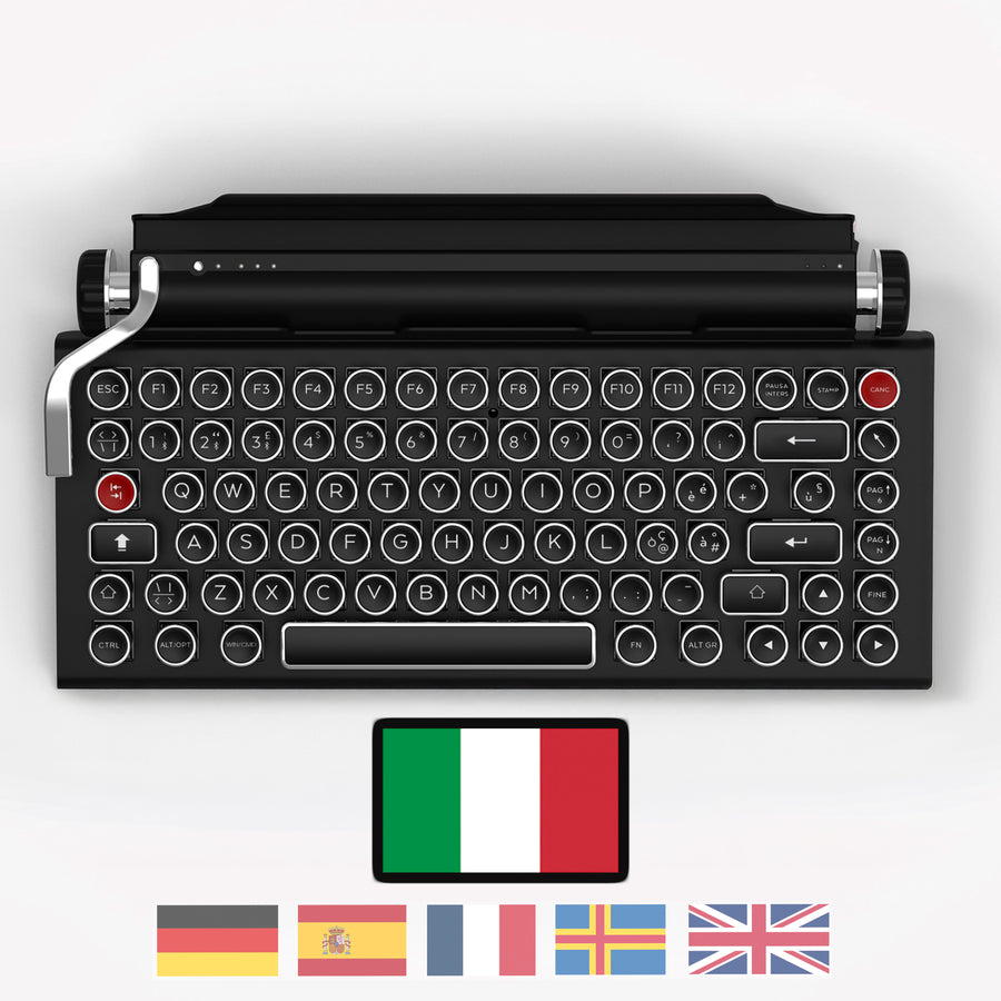 Qwerkywriter typewriter keyboard best in class premium all aluminum body in black chrome on white background International Layout Italian