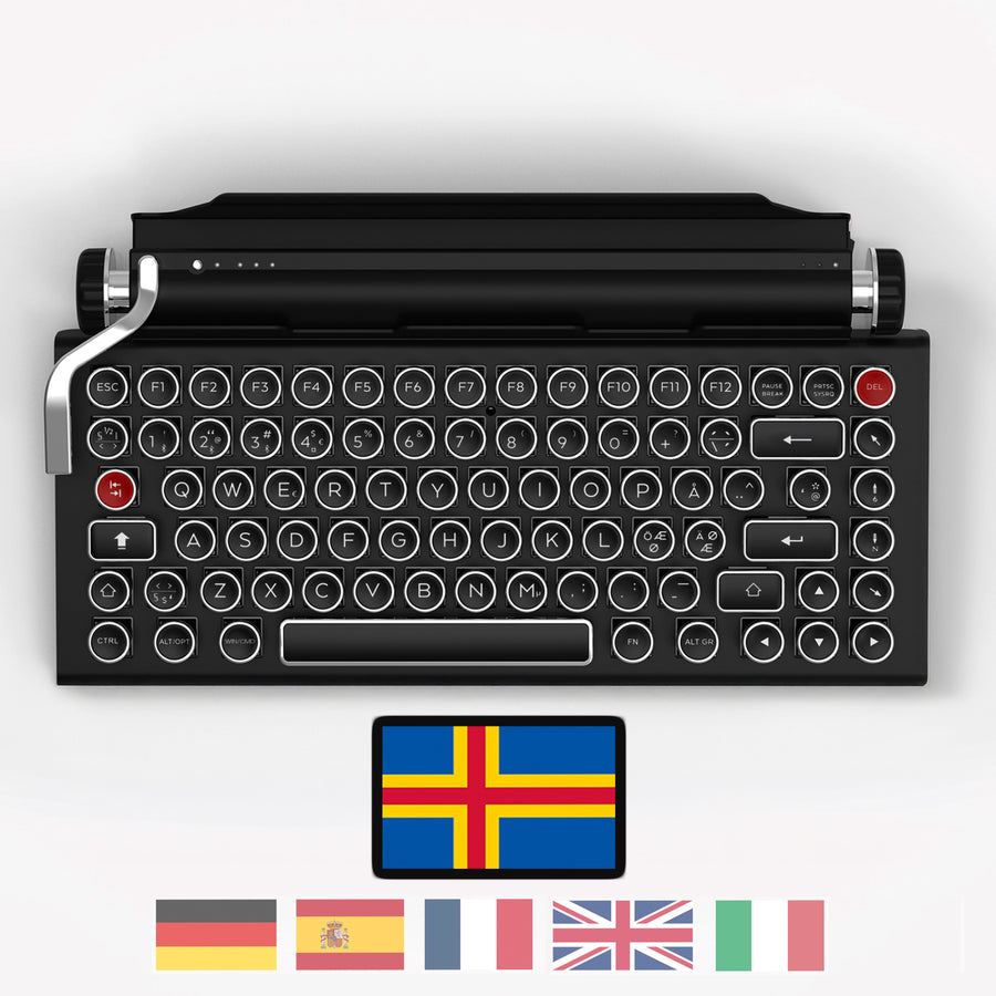 Qwerkywriter typewriter keyboard best in class premium all aluminum body in black chrome on white background International Layout Nordic