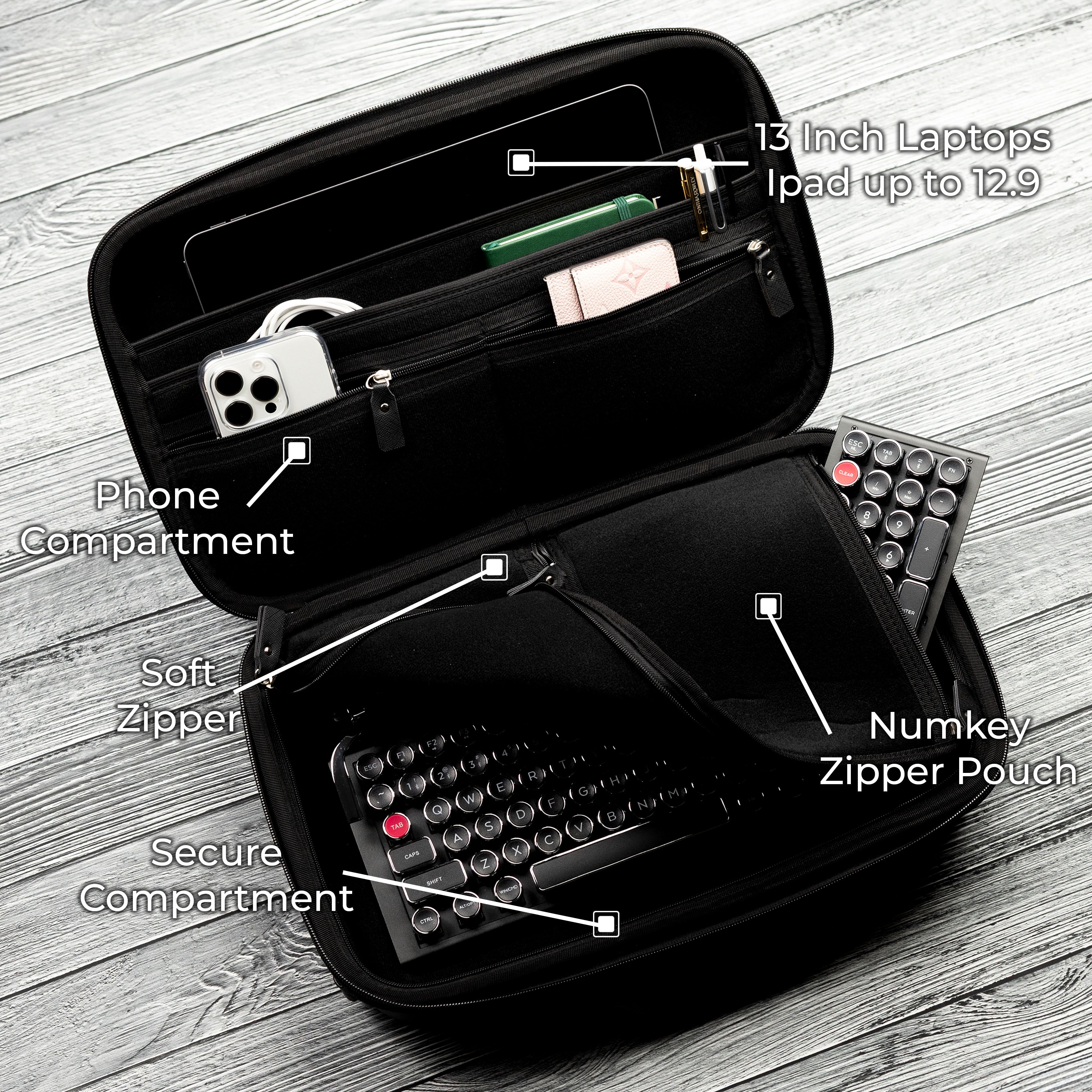 Qwerkywriter typewriter keyboard best in class premium all aluminum body in black chrome diagram callout interior second gen carrying case US ANSI layout