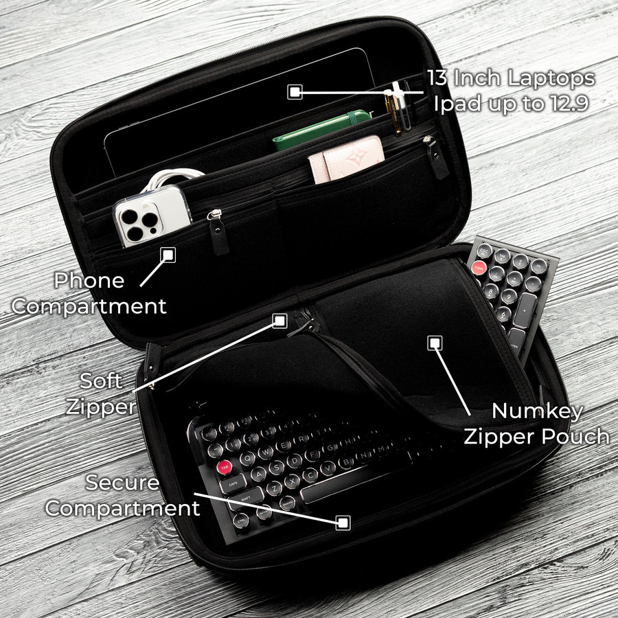 Qwerkywriter typewriter keyboard best in class premium all aluminum body in black chrome diagram callout interior second gen carrying case US ANSI layout