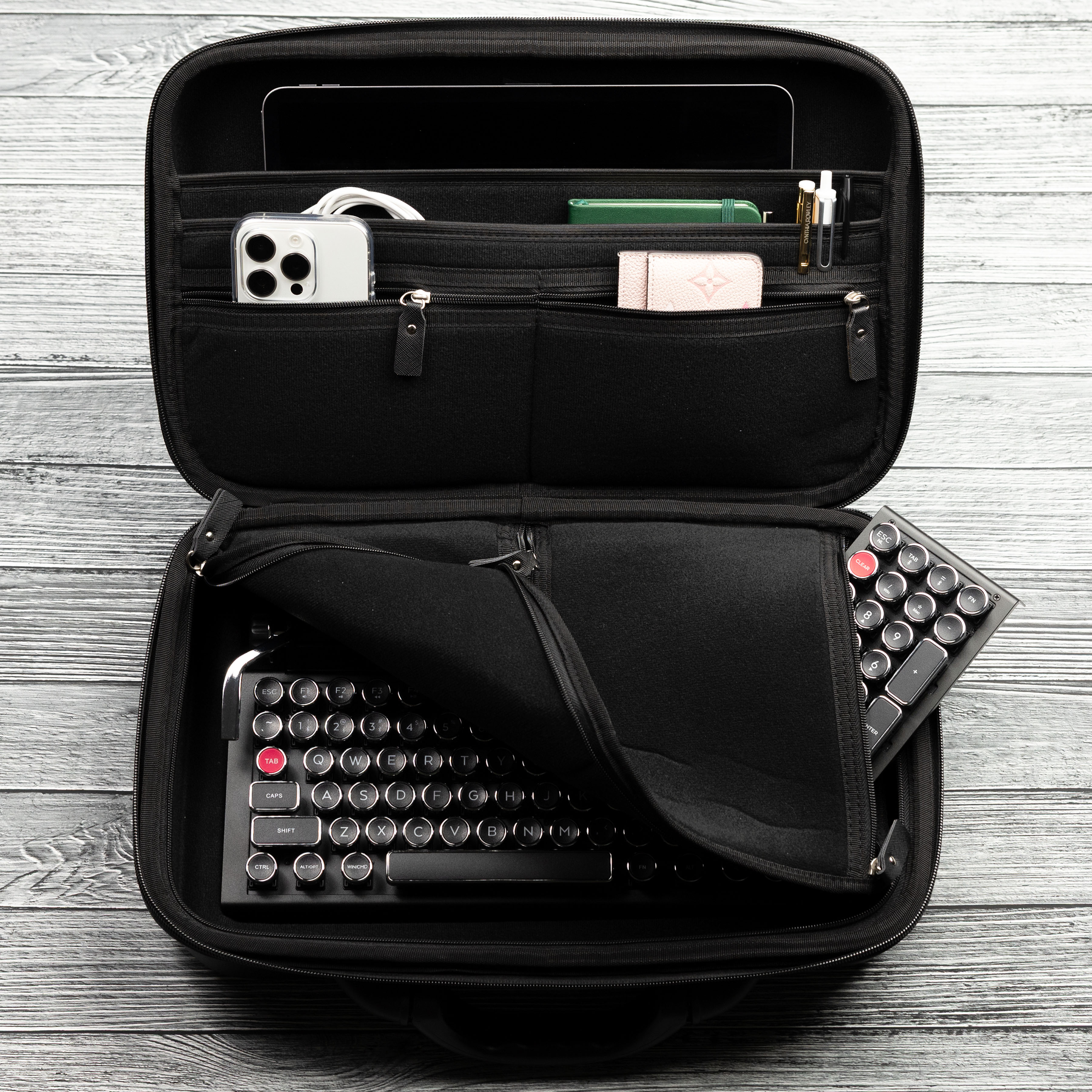Qwerkywriter typewriter keyboard best in class premium all aluminum body in black chrome in an official carrying case US ANSI layout