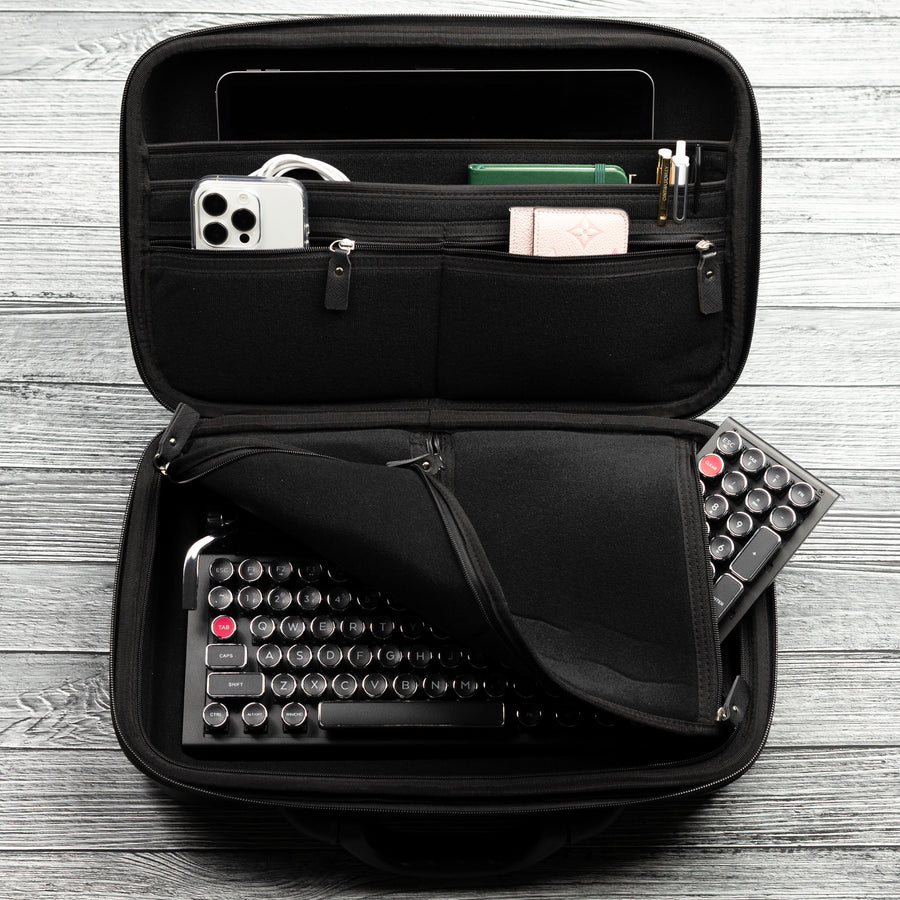 Qwerkywriter typewriter keyboard best in class premium all aluminum body in black chrome in an official carrying case US ANSI layout