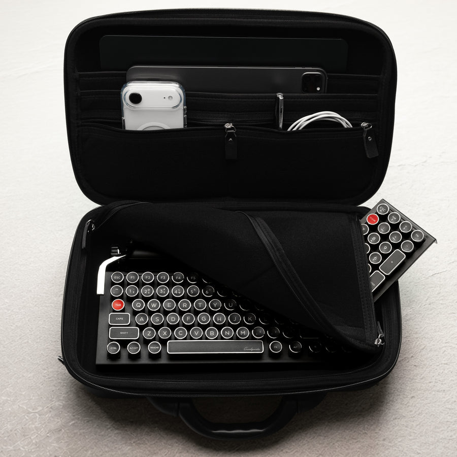 Qwerkywriter typewriter keyboard best in class premium all aluminum body in black chrome in an official carrying case US ANSI layout