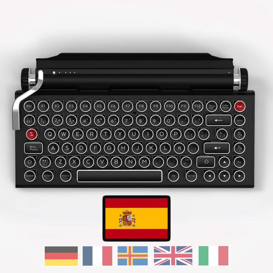 Qwerkywriter typewriter keyboard best in class premium all aluminum body in black chrome on white background International Layout Spanish 