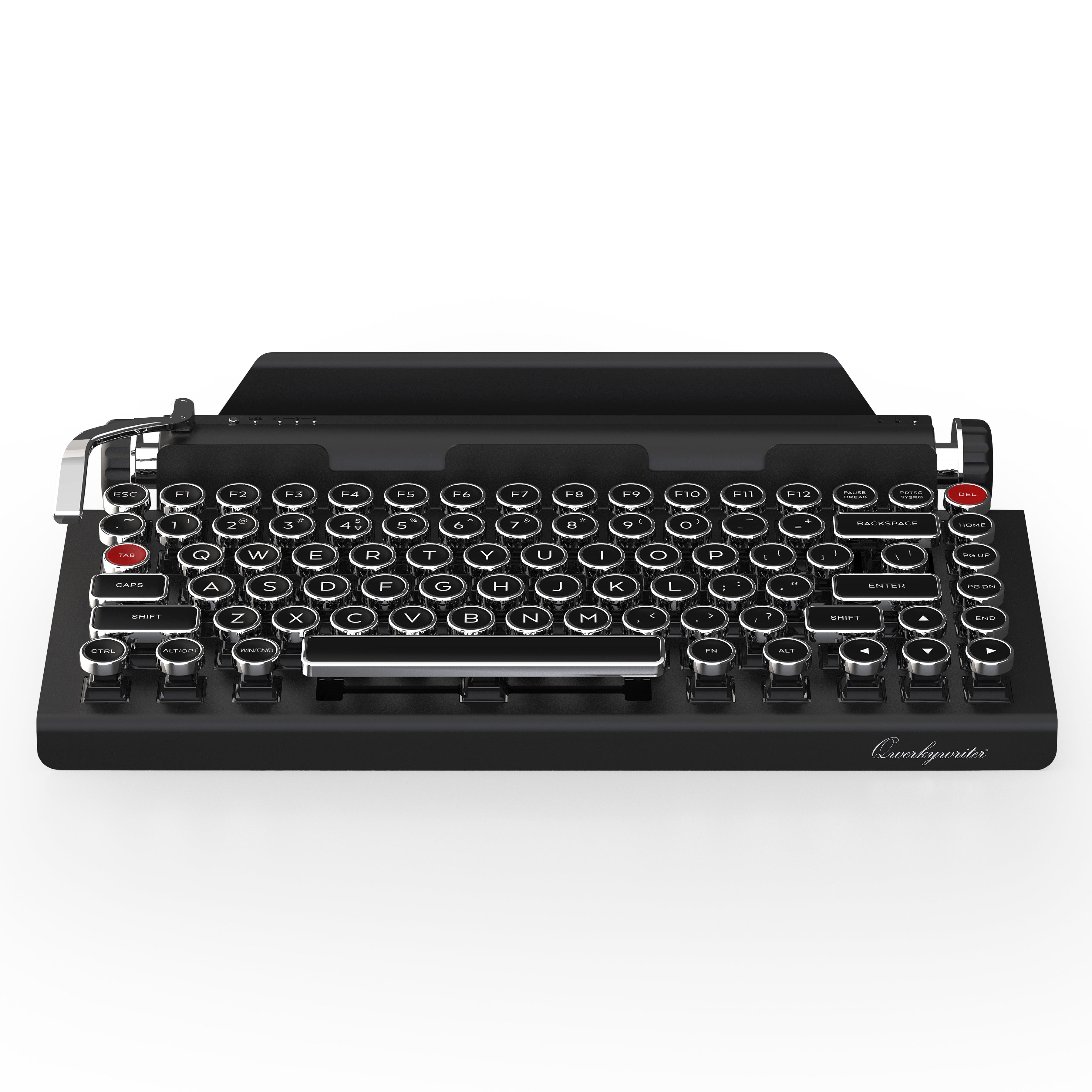 Qwerkywriter typewriter keyboard best in class premium all aluminum body in black chrome on white background US ANSI layout