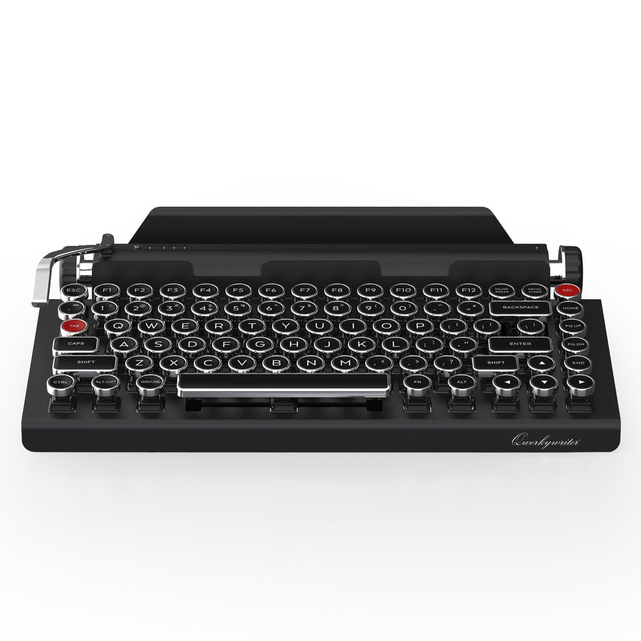 Qwerkywriter typewriter keyboard best in class premium all aluminum body in black chrome on white background US ANSI layout