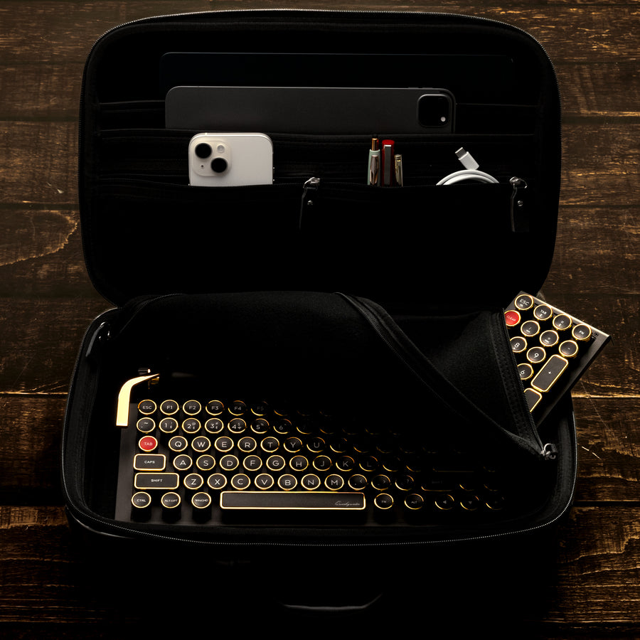 Qwerkywriter typewriter keyboard best in class premium all aluminum body in black gold inside carrying case 