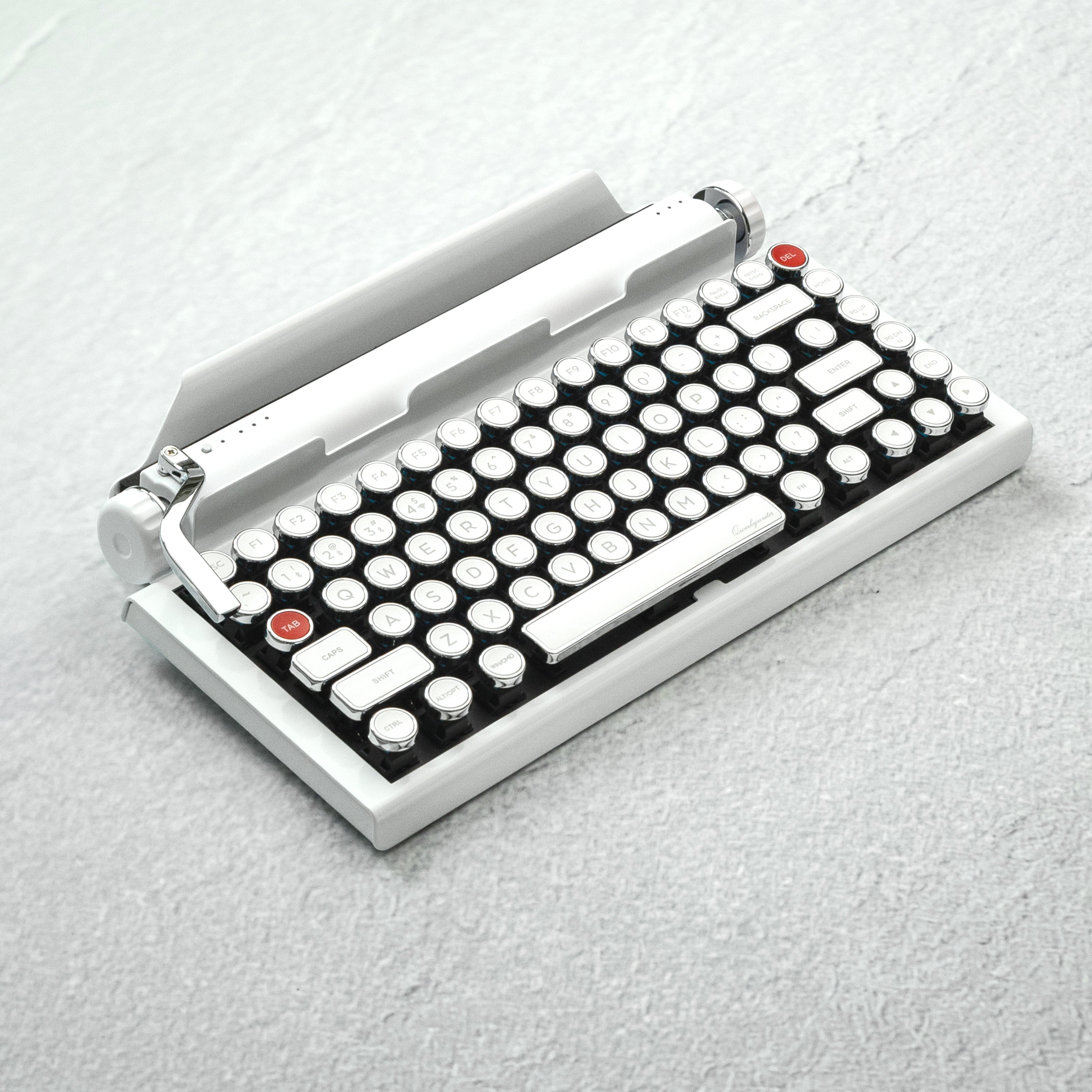 Qwerkywriter typewriter keyboard best in class premium all aluminum body in white chrome hero image