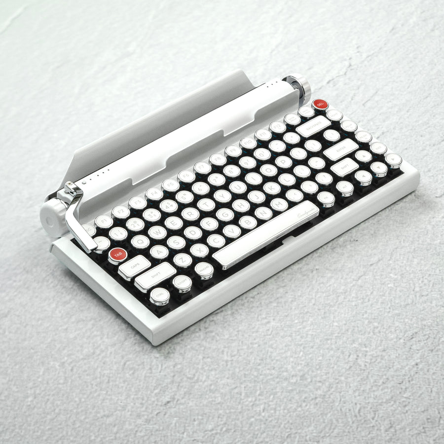 Qwerkywriter typewriter keyboard best in class premium all aluminum body in white chrome hero image