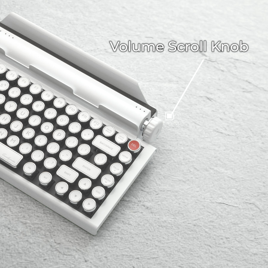 Qwerkywriter typewriter keyboard best in class premium all aluminum body in white chrome on dark wood background page scroll and volume knob