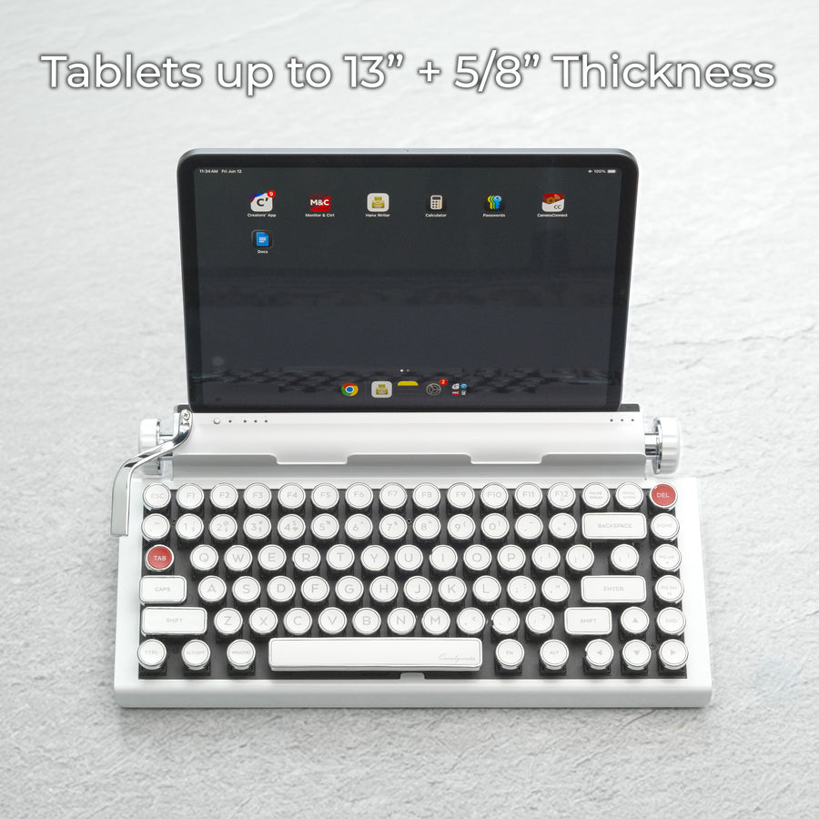 Qwerkywriter typewriter keyboard best in class premium all aluminum body in white chrome on dark wood background with iPad ios Android Samsung Tablet up to 13 inches