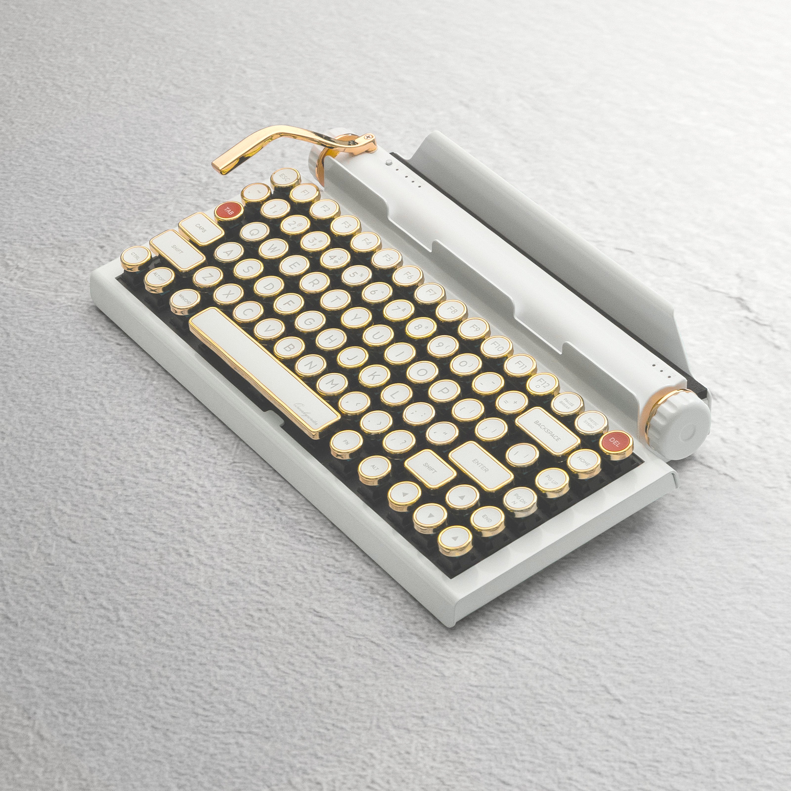 Qwerkywriter typewriter keyboard best in class premium all aluminum body in white gold on light color wood table
