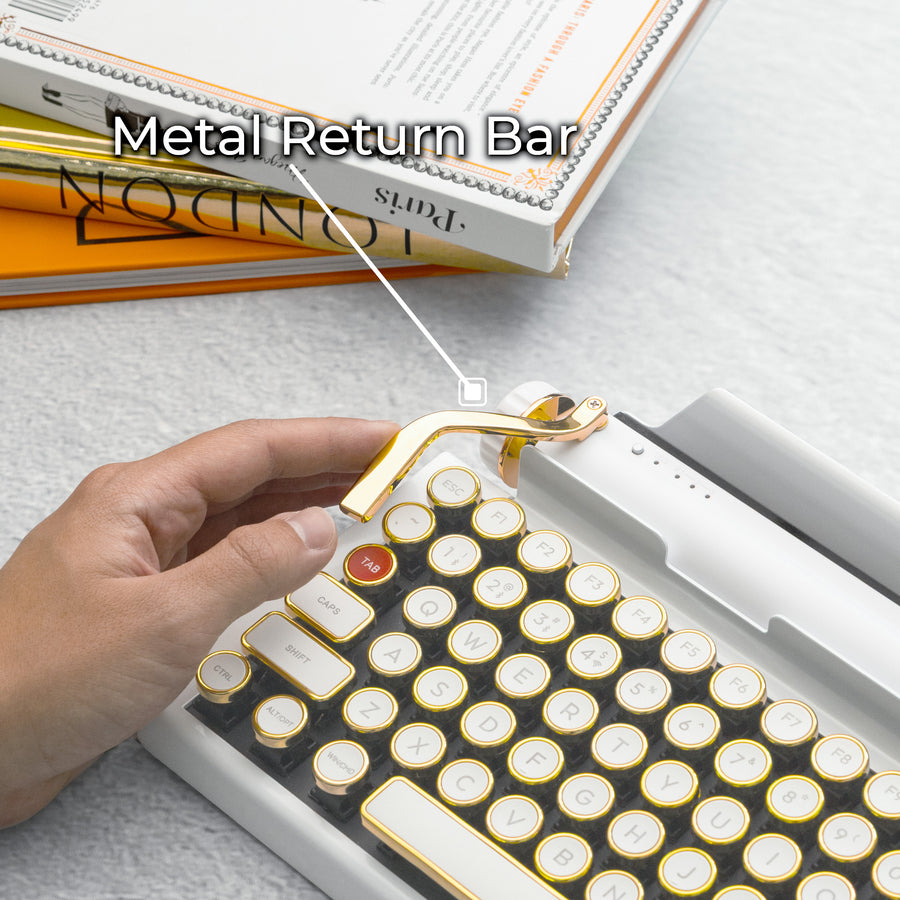 Qwerkywriter typewriter keyboard best in class premium all aluminum body in white gold on light background metal macro programmable return bar callout