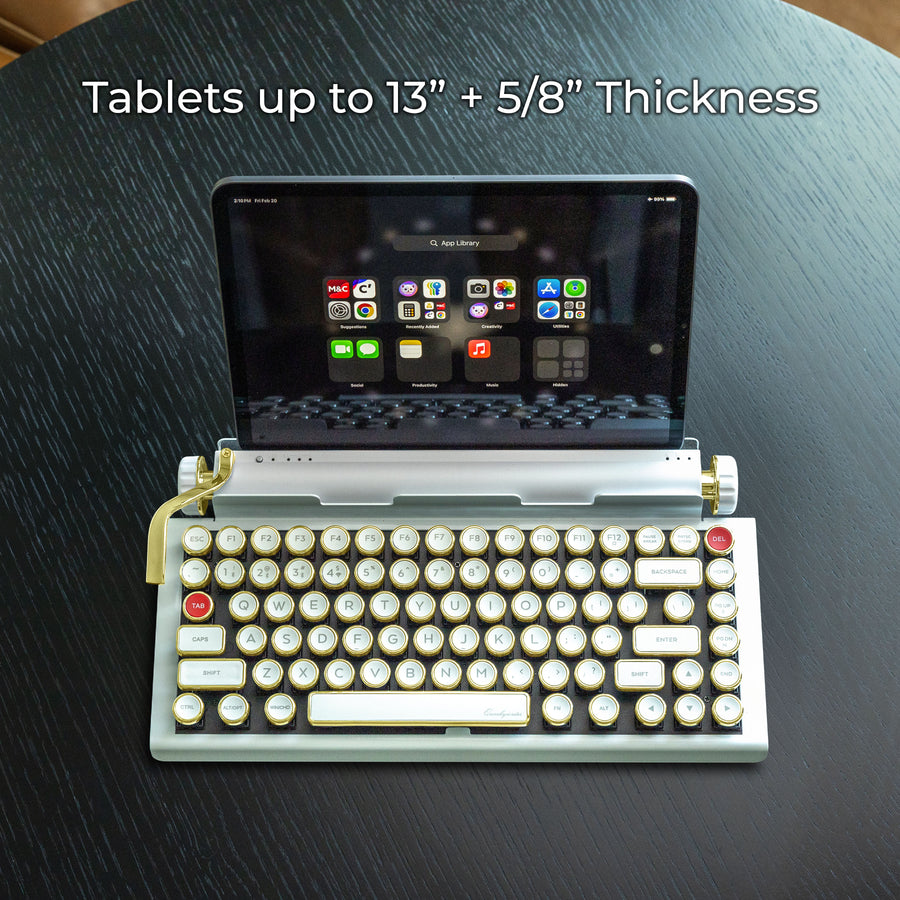 Qwerkywriter typewriter keyboard best in class premium all aluminum body in white chrome on dark wood background with iPad ios Android Samsung Tablet up to 13 inches