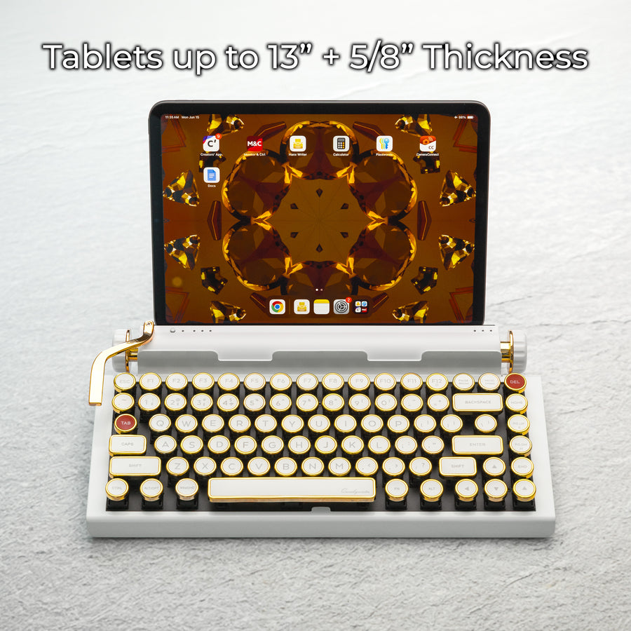 Qwerkywriter typewriter keyboard best in class premium all aluminum body in white chrome on light background with iPad ios Android Samsung Tablet up to 13 inches
